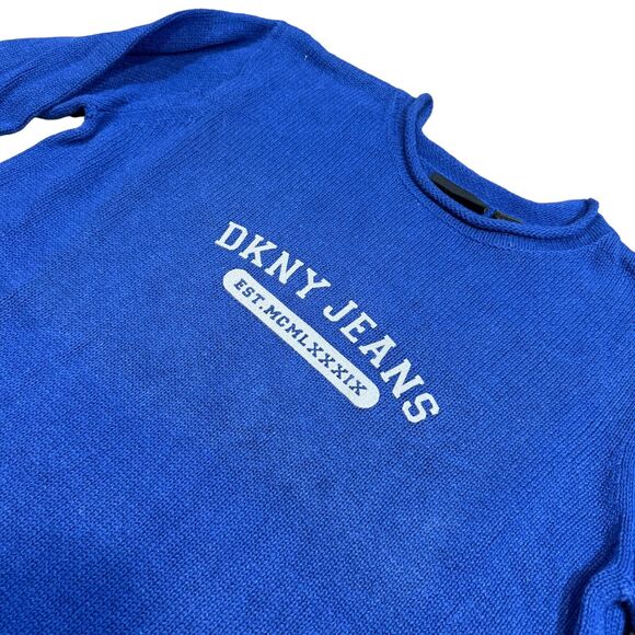 DKNY Jeans Sweaters Men's Small Blue Knit Logo Crew Ramie Insulated Pullover NWT - Picture 2 of 9